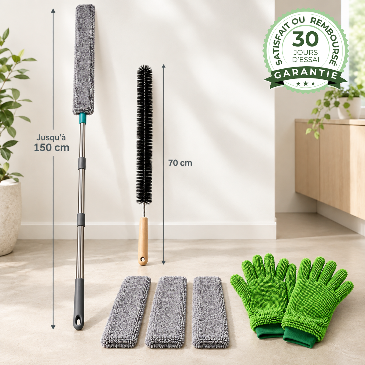 Kit Ménage Anti-Poussière | Plumeau Télescopique, Brosse Radiateur et Gants Microfibre