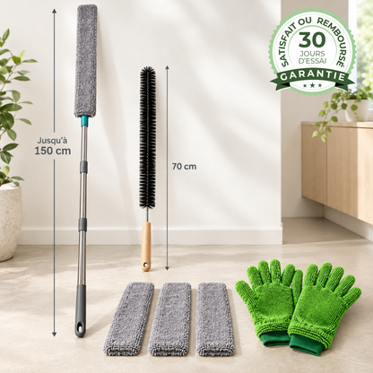 Kit Ménage Anti-Poussière | Plumeau Télescopique, Brosse Radiateur et Gants Microfibre