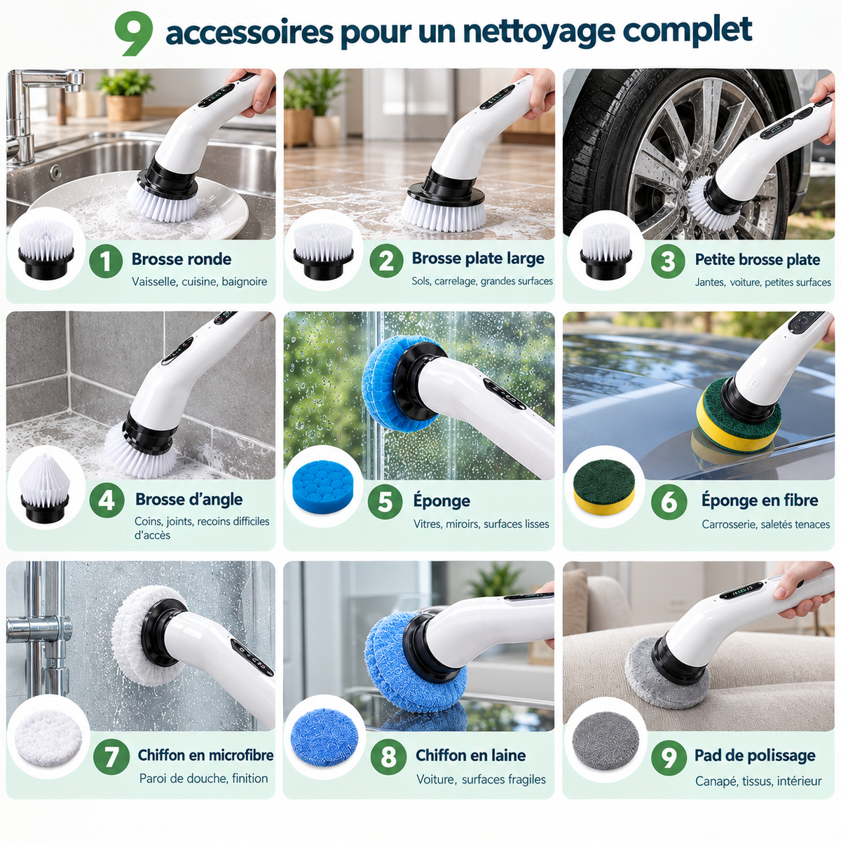 CleanPro 360 | Brosse de nettoyage rotative électrique sans fil 9 en 1