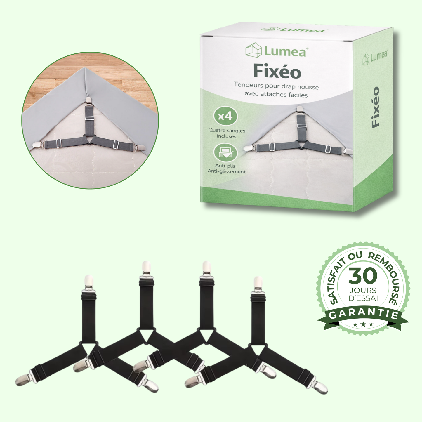 Fixeo | Tendeurs pour drap housse avec attaches faciles