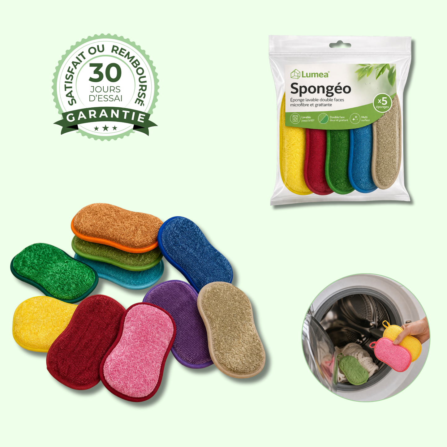 Spongéo | Éponge lavable en machine 2 faces microfibre et grattante anti-rayures